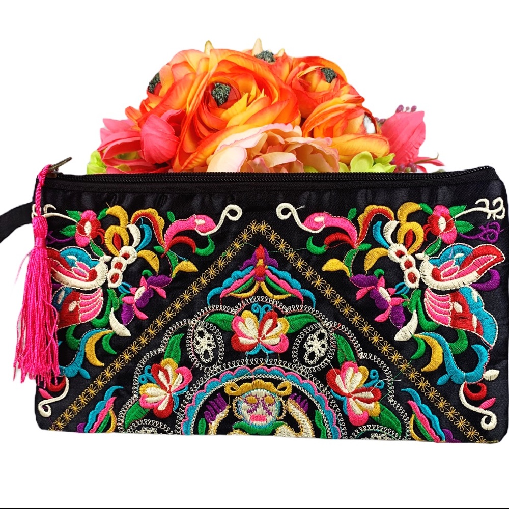 Colorful Floral Embroidered Pink Tassel Wristlet - Picture 5 of 15